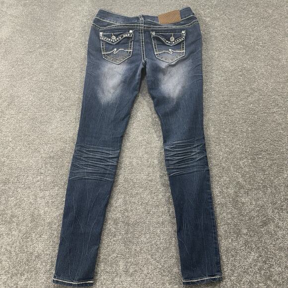 Almost Famous Womens 5 Rhinestone Flap Pocket Distressed Skinny Jeans Blue Denim - Picture 12 of 13